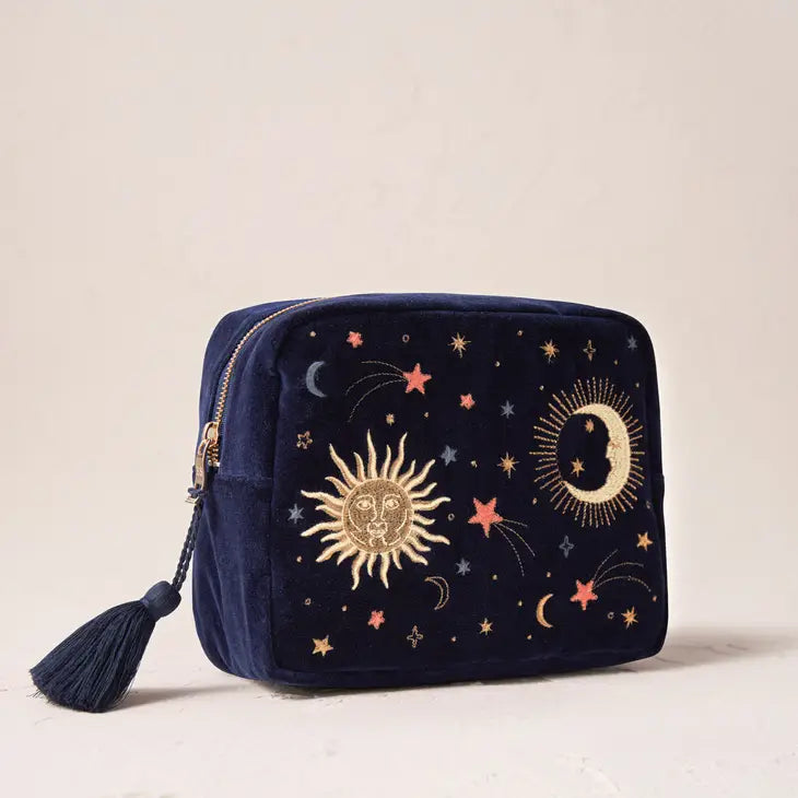 Black Velvet Cosmetic Bag With Metallic Gold Embroidery